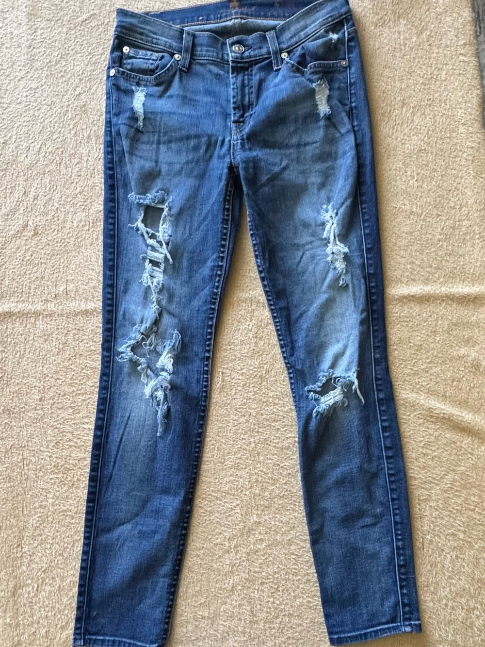 7 For All Mankind Distressed Dark Blue Skinny Jeans